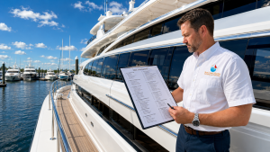 Man in a white uniform shirt standing on the side deck of a luxury yacht at a marina, holding a clipboard with a checklist.